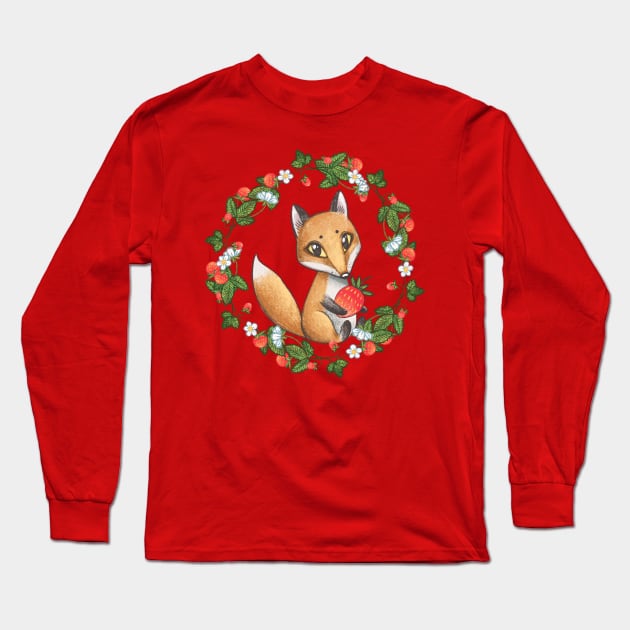 Little fox and  wild strawberries Long Sleeve T-Shirt by artbyanny